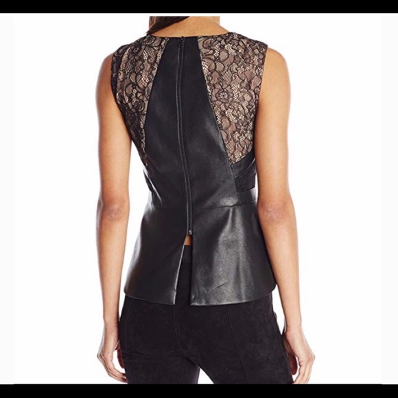 BCBGMaxAzria Laine Black Lace Faux Leather Peplum Top - Size XXS, XS - Picture 2 of 2